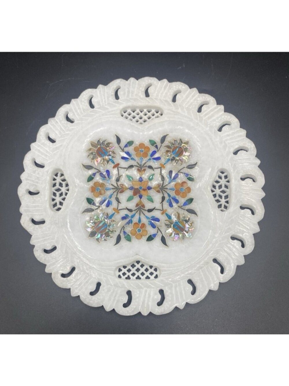 Inlaid Marble Plate Floral Stone Handmade Decor Boho Cottage 7 Inches